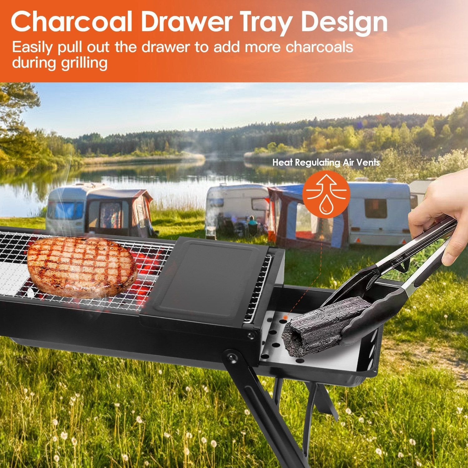 Foldable Charcoal BBQ Grill with Shelf – Portable Stainless Steel Tabletop
