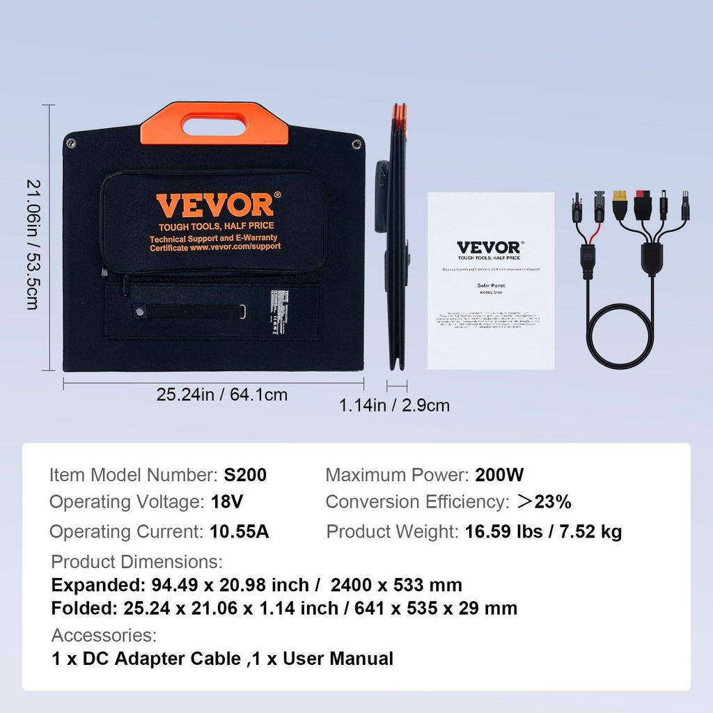 VEVOR 200W Portable Monocrystalline Solar Panel