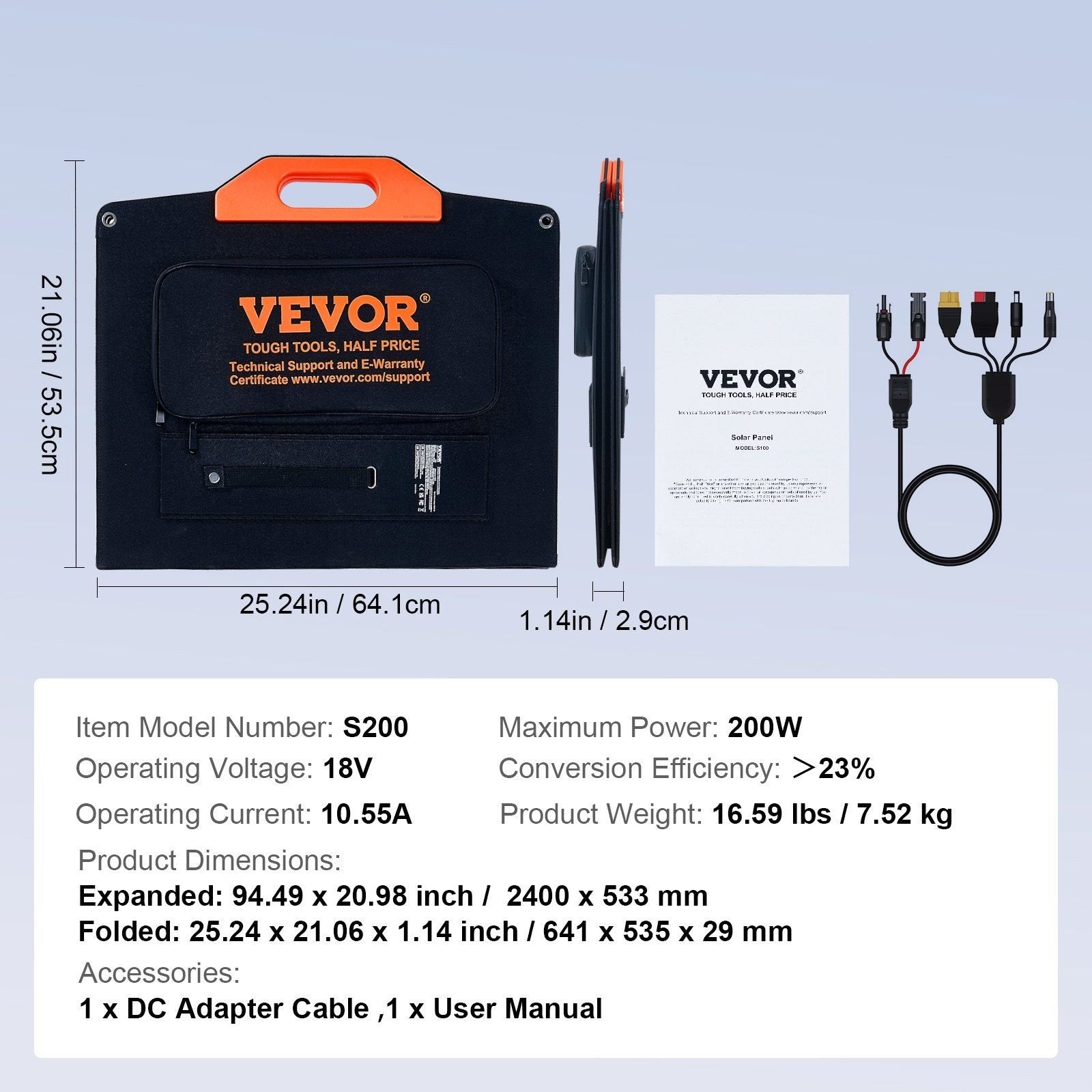 VEVOR 200W Portable Monocrystalline Solar Panel
