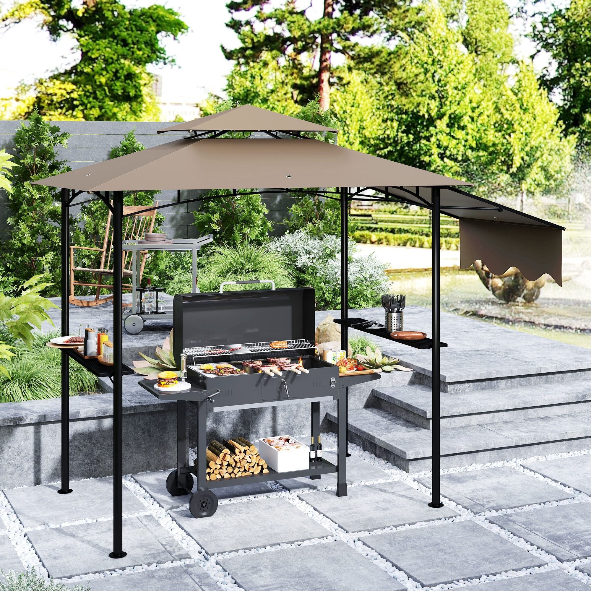 8' x 5' Outdoor Grill Gazebo û BBQ Shelter with Shelves & Awning (Brown)