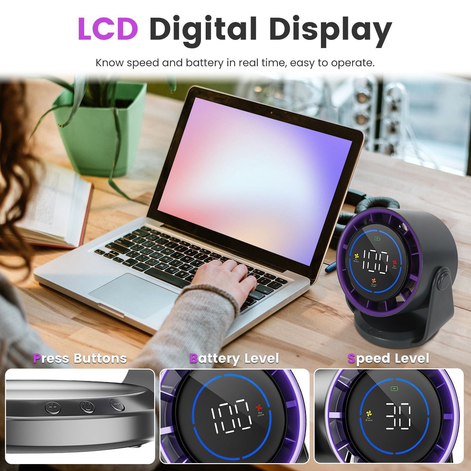 100-Speed Rechargeable Desk & Wall Fan – Mini Quiet Fan with 120° Tilt for Home, Office & Travel