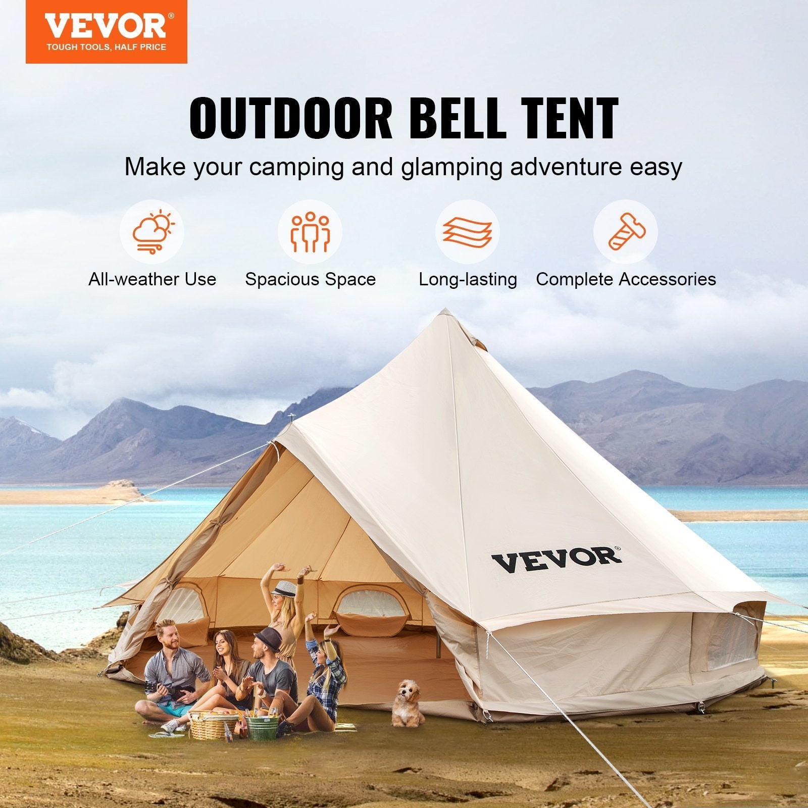 VEVOR Canvas Bell Tent, Waterproof with Stove Jack & Detachable Wall