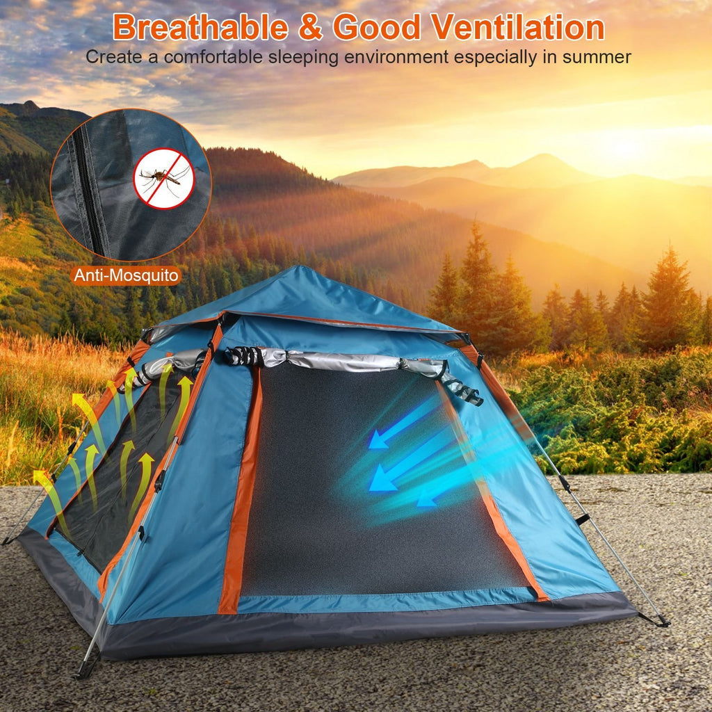 4-5 Person Waterproof Camping Tent with Mosquito Net Windows & Carry Bag, Blue