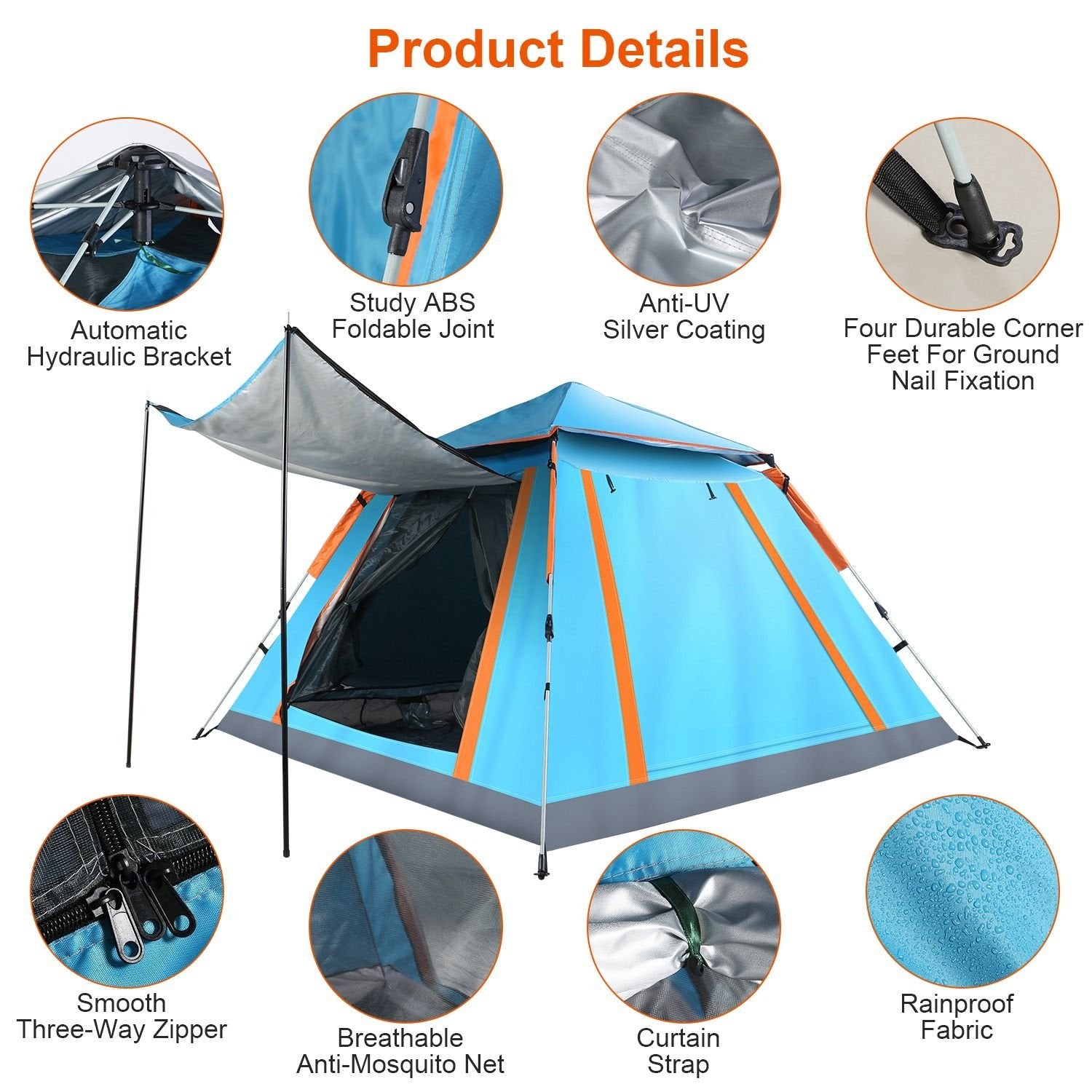 4-5 Person Waterproof Camping Tent with Mosquito Net Windows & Carry Bag, Blue