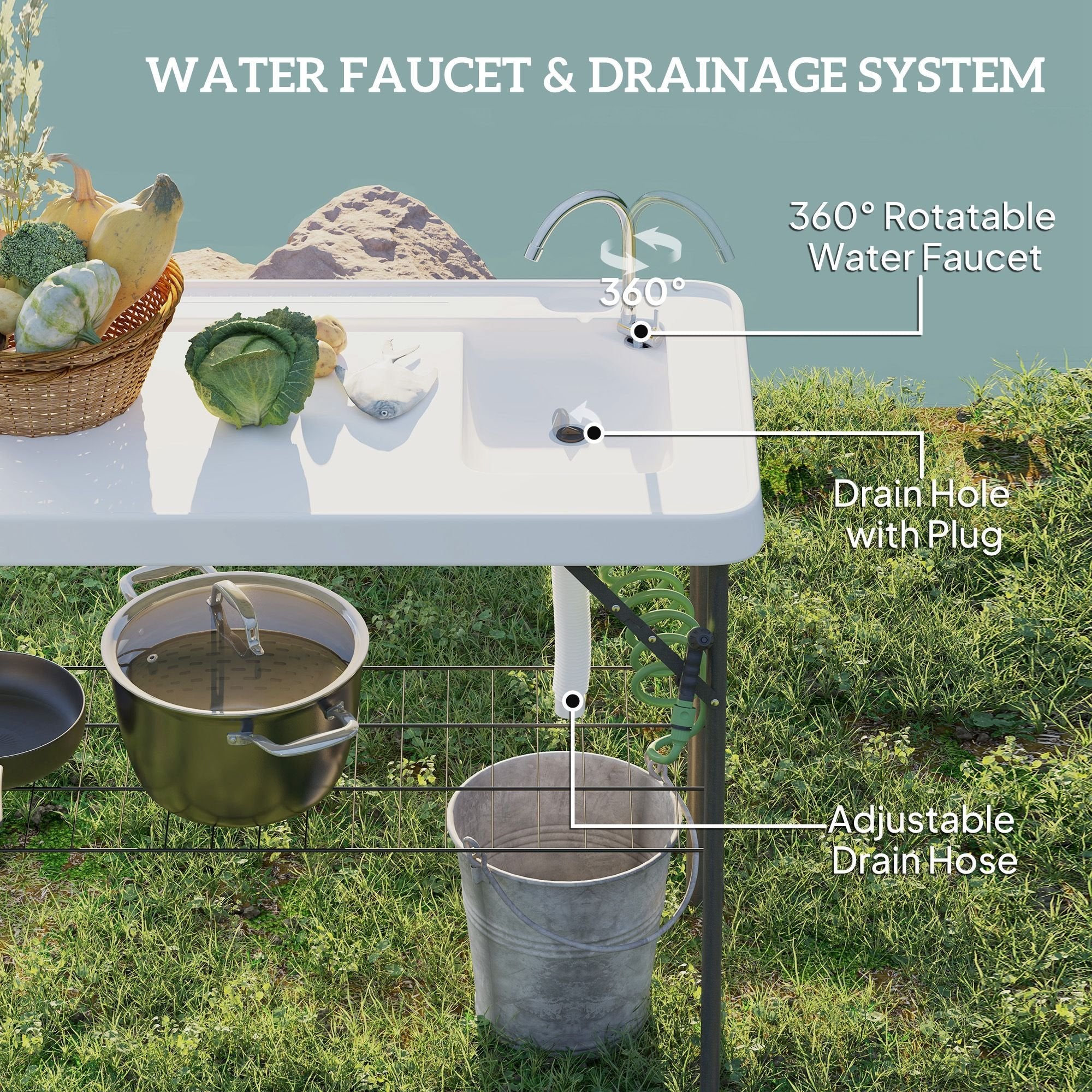Folding Fish Cleaning Table with Sink û Portable Camping Table with Faucet & Shelf