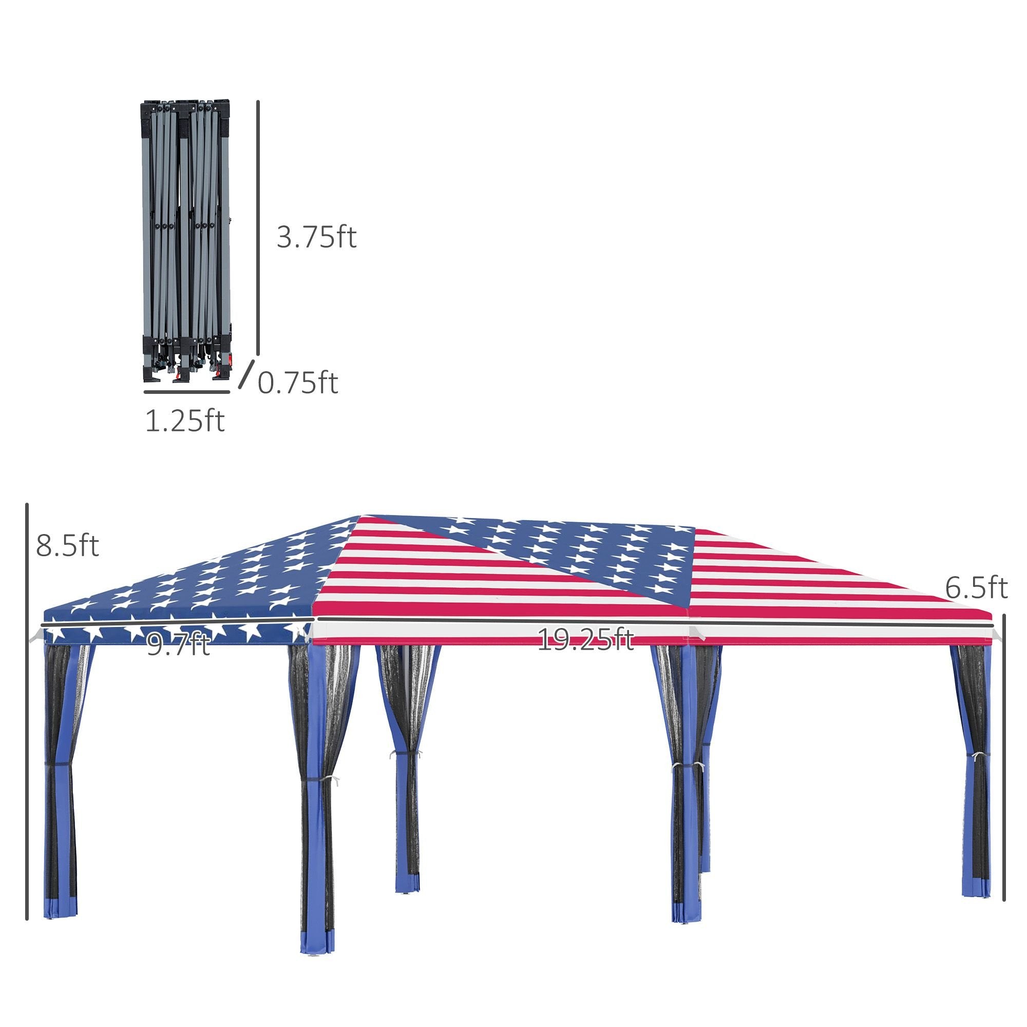 10' x 20' Pop-Up Canopy Gazebo û American Flag with Mesh Sidewalls