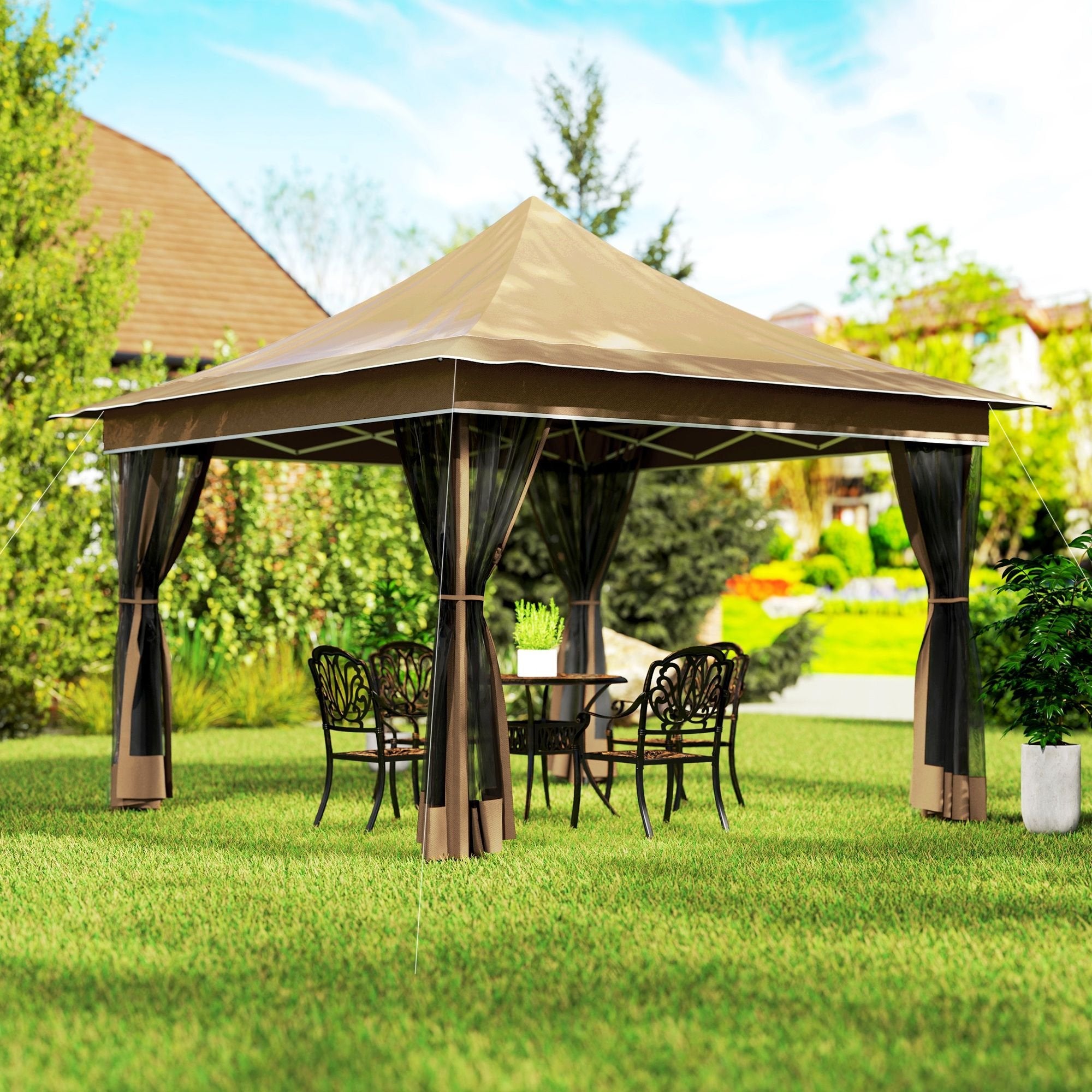 12' x 12' Pop-Up Canopy Tent û UPF50+ with Mesh Netting & Carry Bag (Beige)