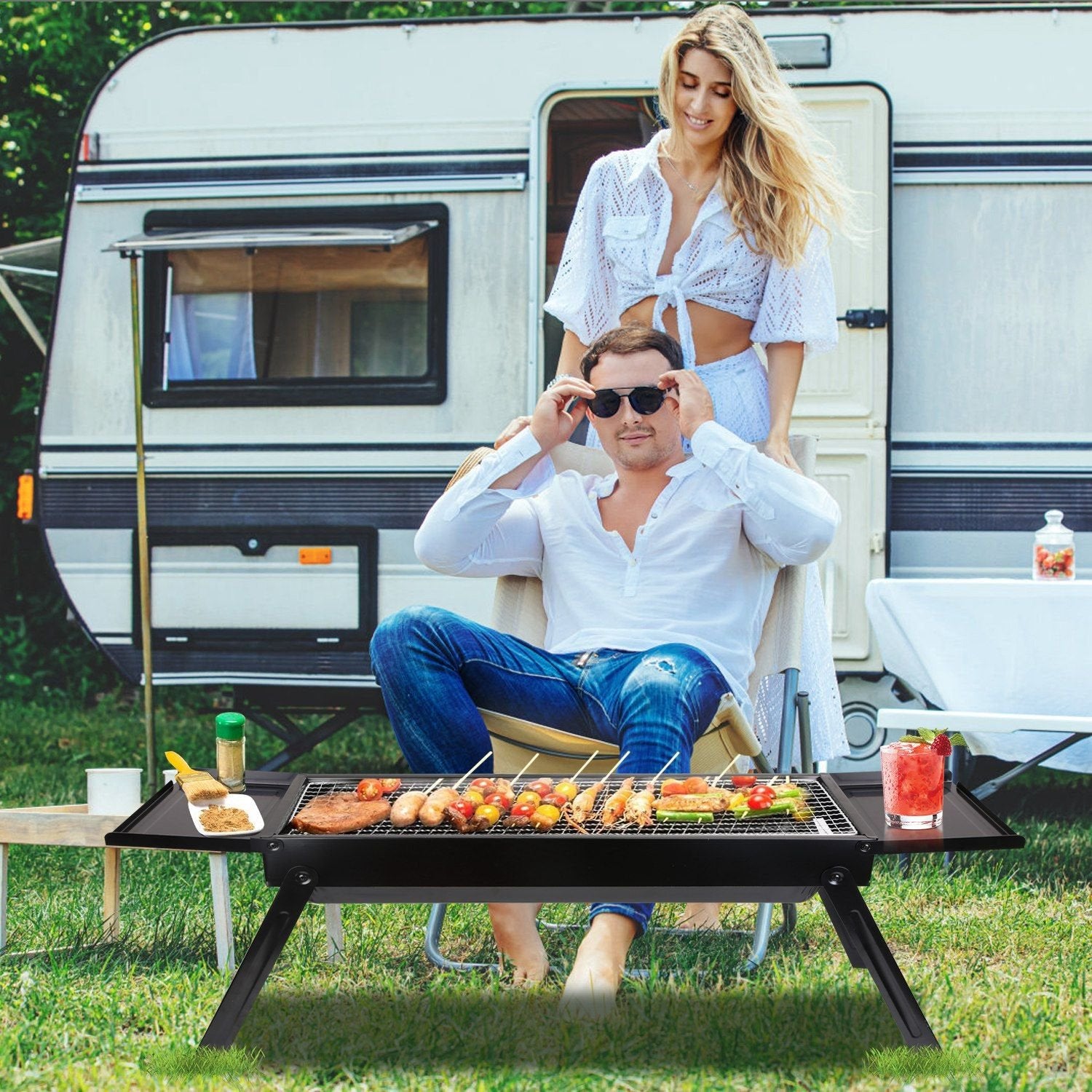 Foldable Charcoal BBQ Grill with Shelf – Portable Stainless Steel Tabletop
