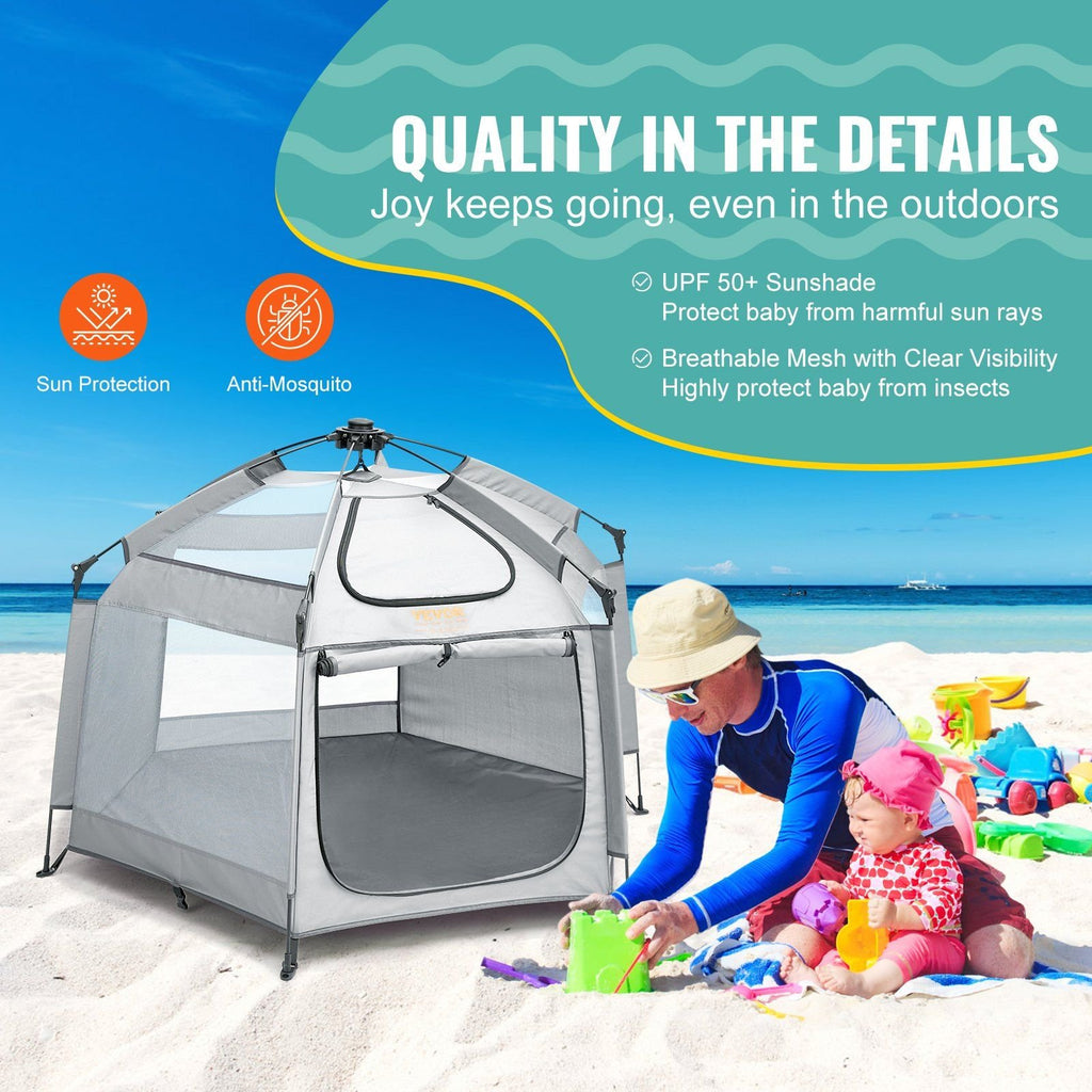 VEVOR Baby Playpen with Canopy – Portable, Foldable Pop-Up Toddler Play Yard with 3 Sun-Shades & Travel Bag, 59.8"x59.8"