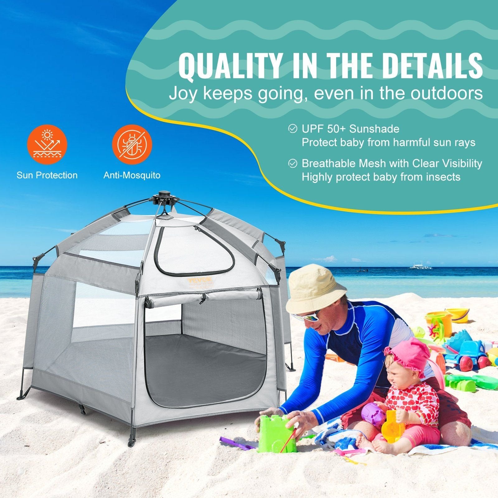 VEVOR Baby Playpen with Canopy – Portable, Foldable Pop-Up Toddler Play Yard with 3 Sun-Shades & Travel Bag, 59.8"x59.8"