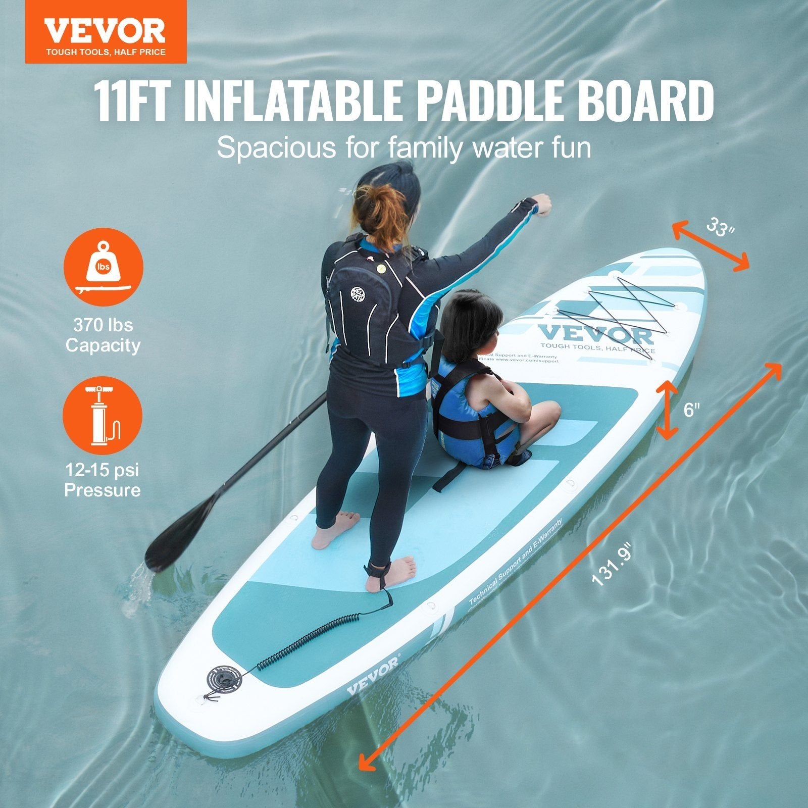 VEVOR Inflatable Paddle Board – Includes Kayak Seat, Pump, Paddle & Accessories - 11' x 33" x 6"