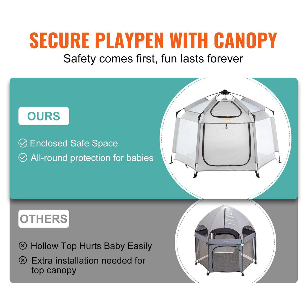 VEVOR Baby Playpen with Canopy – Portable, Foldable Pop-Up Toddler Play Yard with 3 Sun-Shades & Travel Bag, 59.8"x59.8"