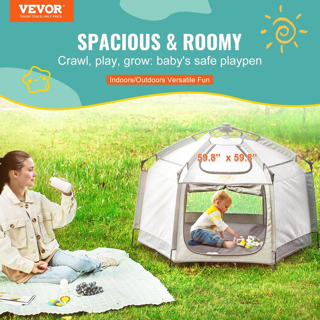 VEVOR Baby Playpen with Canopy – Portable, Foldable Pop-Up Toddler Play Yard with 3 Sun-Shades & Travel Bag, 59.8"x59.8"