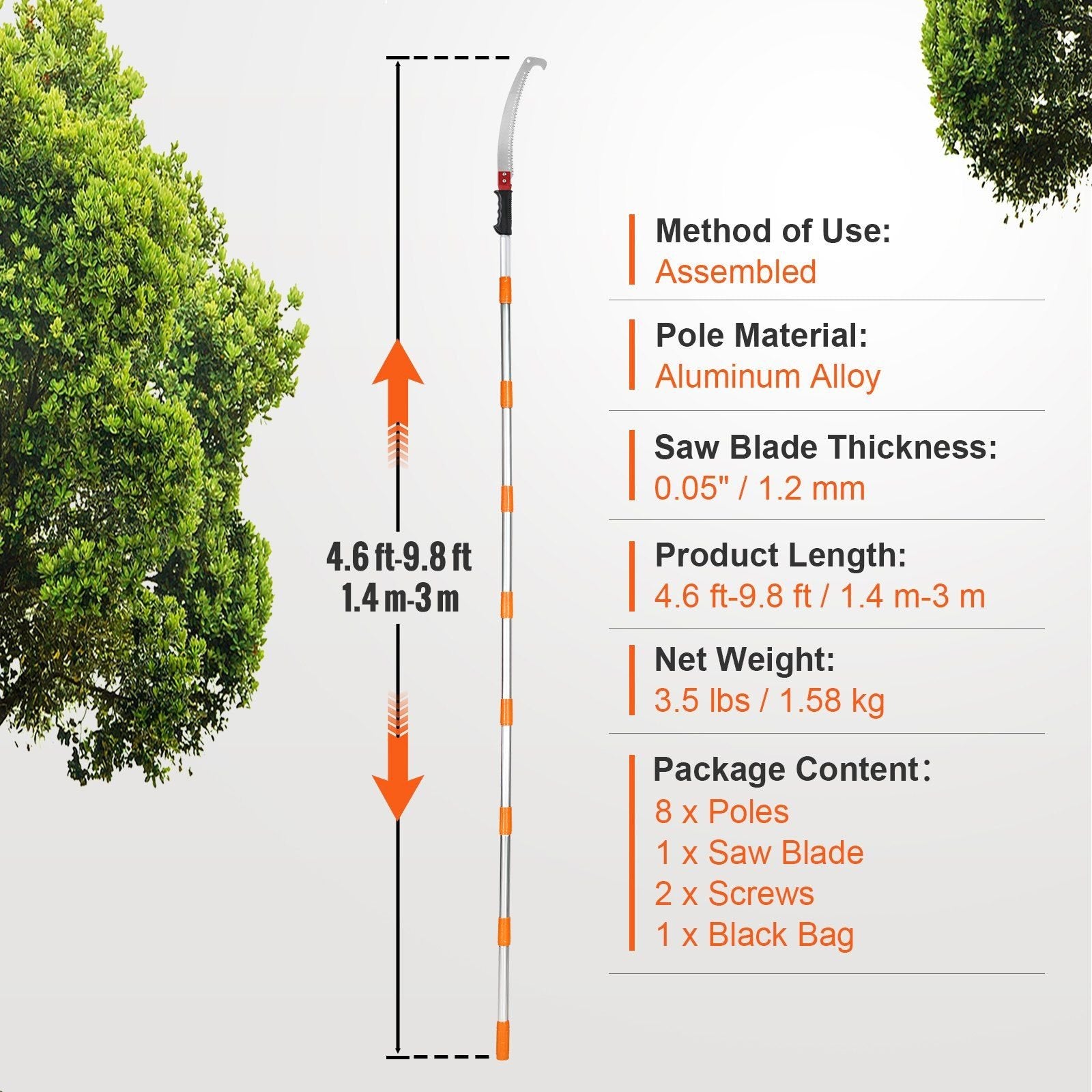 VEVOR Extendable Manual Pole Saw – 4.6-9.8 ft, Sharp Steel Blade, Lightweight Aluminum Handle for Branch & Shrub Pruning