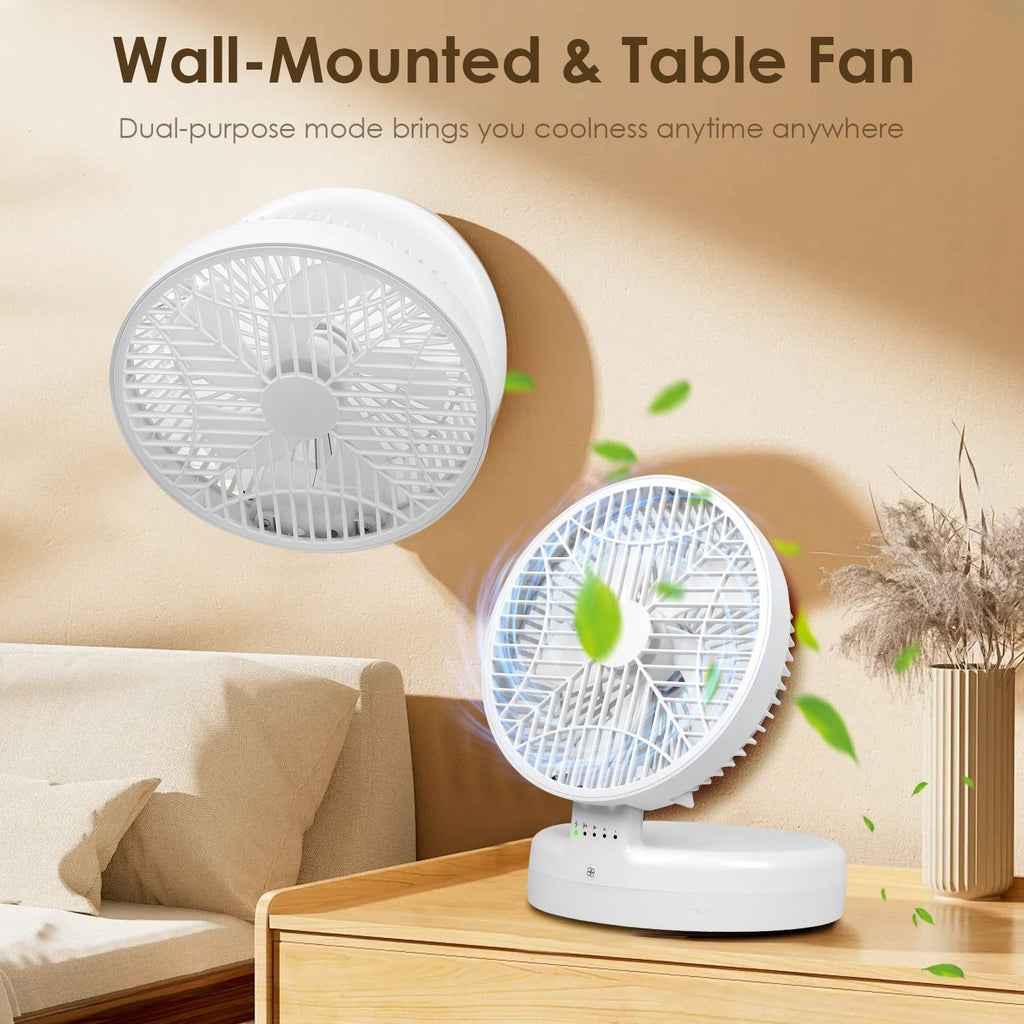 Quiet Foldable Table Fan – 90° Adjustable Tilt, 4-Speed USB Type-C Rechargeable Portable Fan with Wall Mount