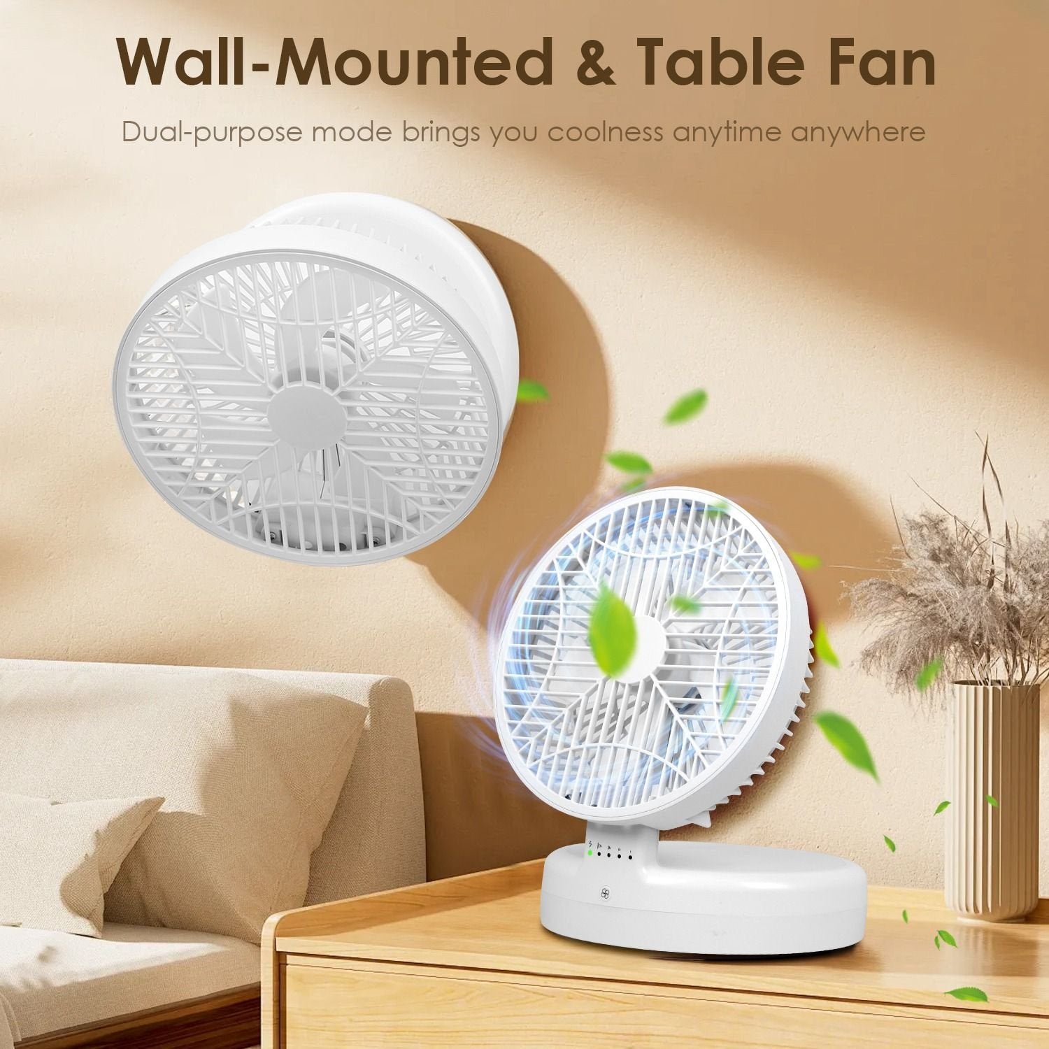 Quiet Foldable Table Fan – 90° Adjustable Tilt, 4-Speed USB Type-C Rechargeable Portable Fan with Wall Mount