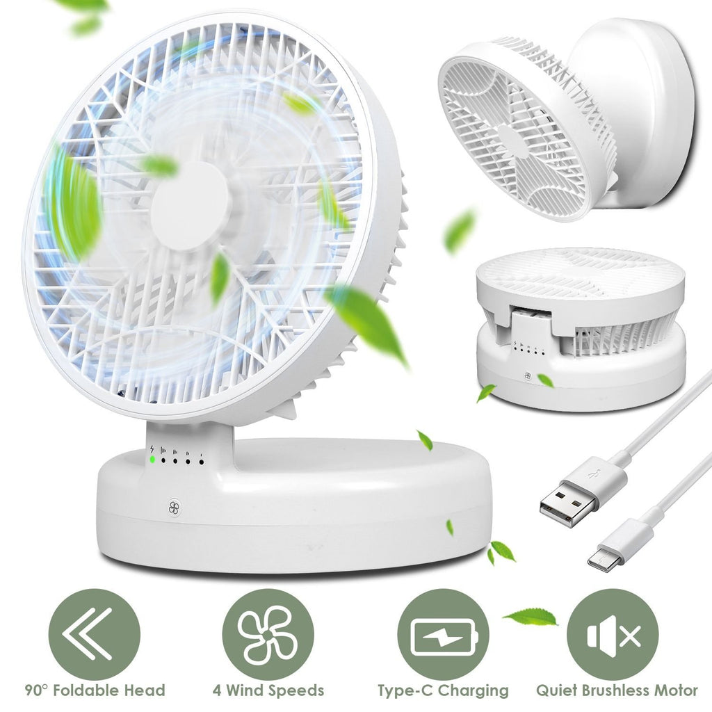 Quiet Foldable Table Fan – 90° Adjustable Tilt, 4-Speed USB Type-C Rechargeable Portable Fan with Wall Mount