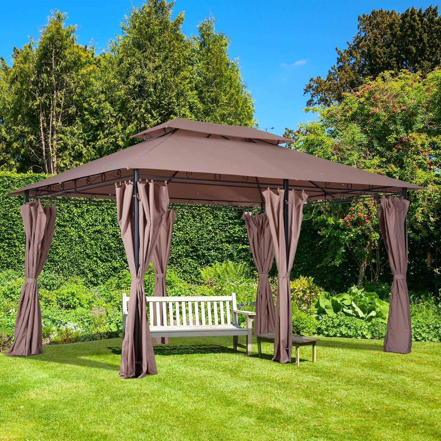 10' x 13' Khaki Gazebo û Steel Frame with Curtains & Vented Roof