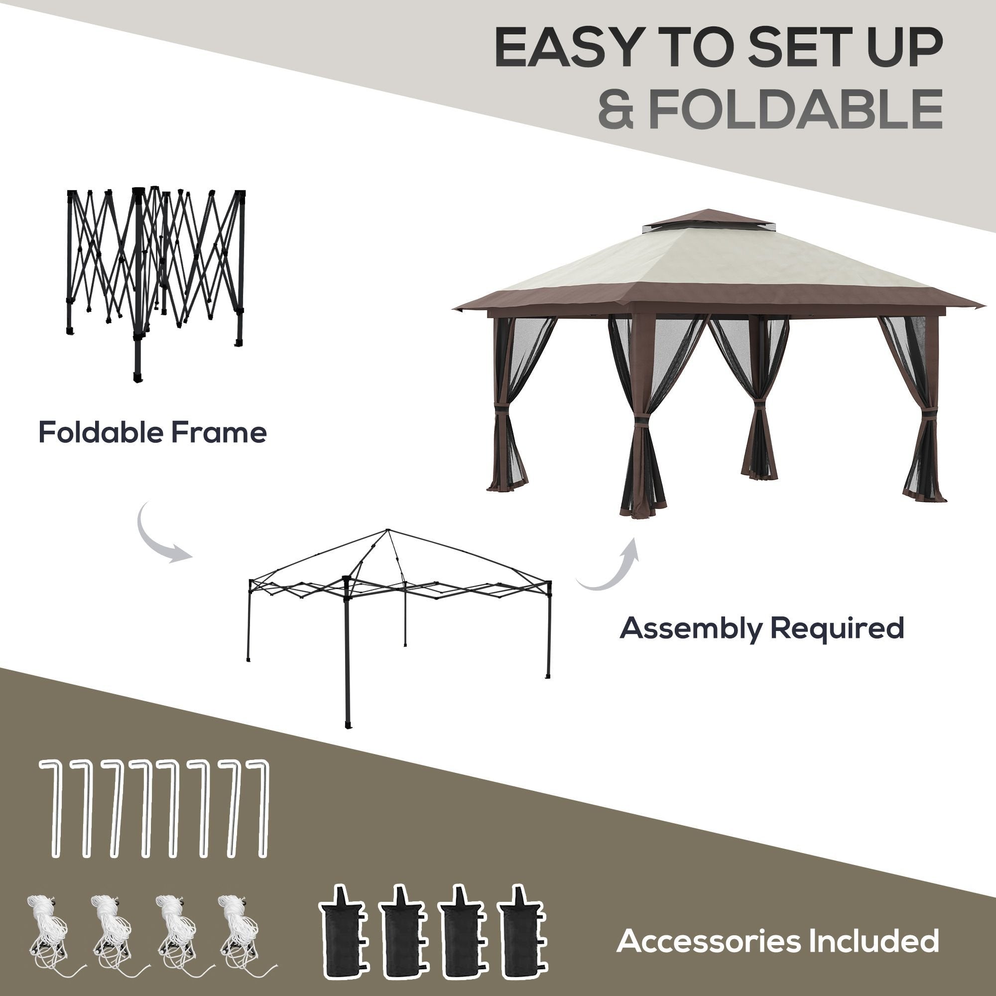 13' x 13' Garden Gazebo û Pop-Up Canopy with Netting (Beige)