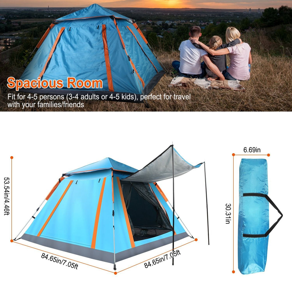 4-5 Person Waterproof Camping Tent with Mosquito Net Windows & Carry Bag, Blue