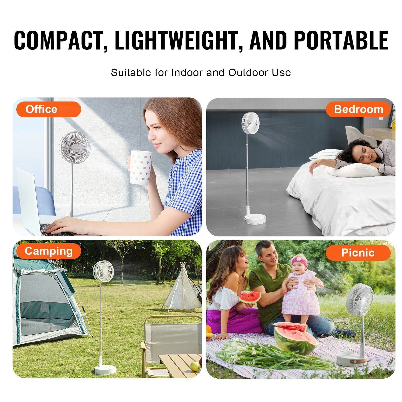 VEVOR 8" Foldable Oscillating Standing Fan – Remote Control, 4 Speeds, 7200mAh Rechargeable USB, Quiet Portable Fan for Bedroom & Travel