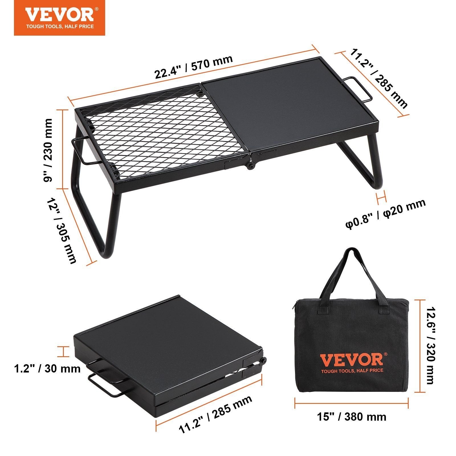 VEVOR Folding Campfire Grill – Heavy-Duty Steel Mesh, 22.4", Portable with Legs & Carry Bag