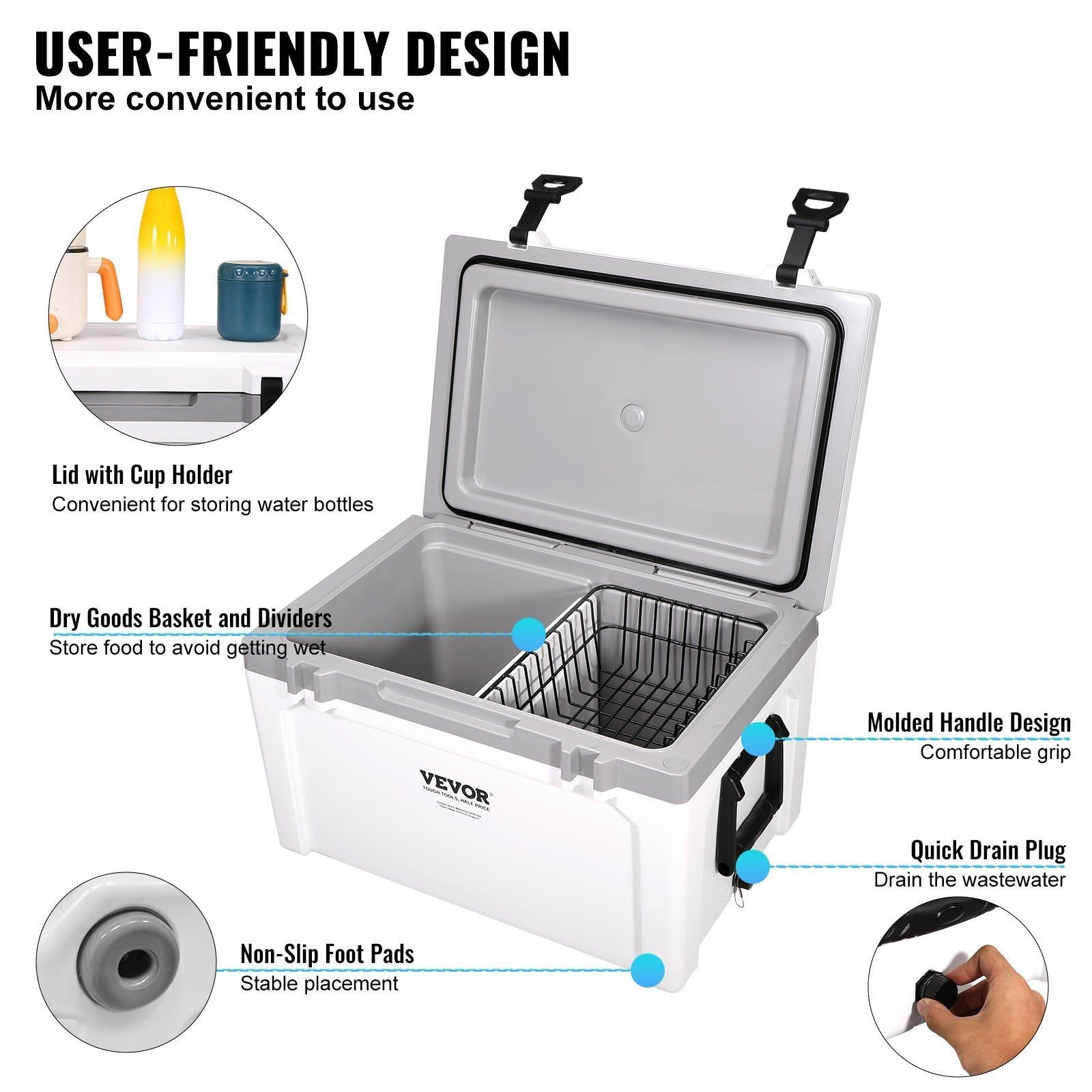 VEVOR 52qt Cooler – 50-Can Capacity, 6-Day Ice Retention
