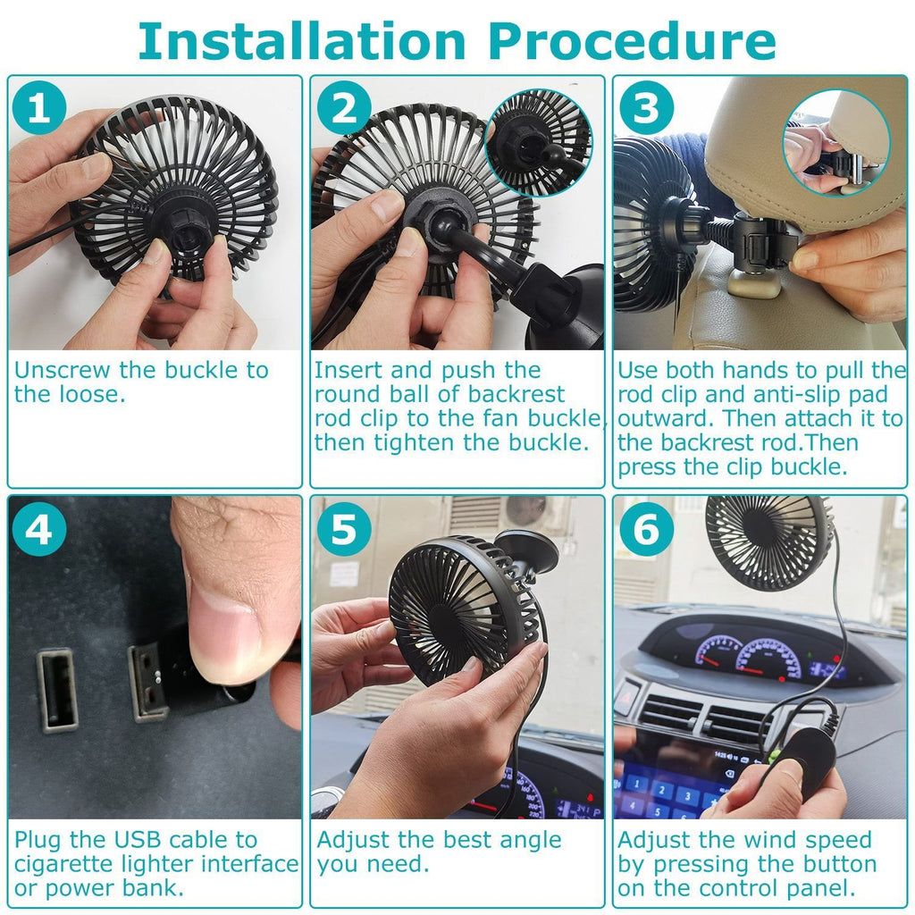 Portable Rotatable USB Car Cooling Fan – Clip & Suction Mount for SUV, RV, Pickup with 3 Speeds