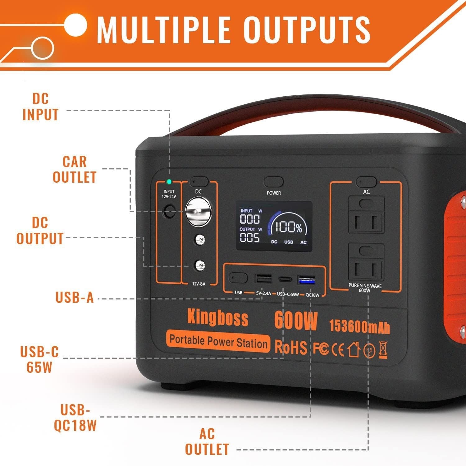 Kingboss - 600W Solar Generator Portable Power Station 600W (Peak 1200W)