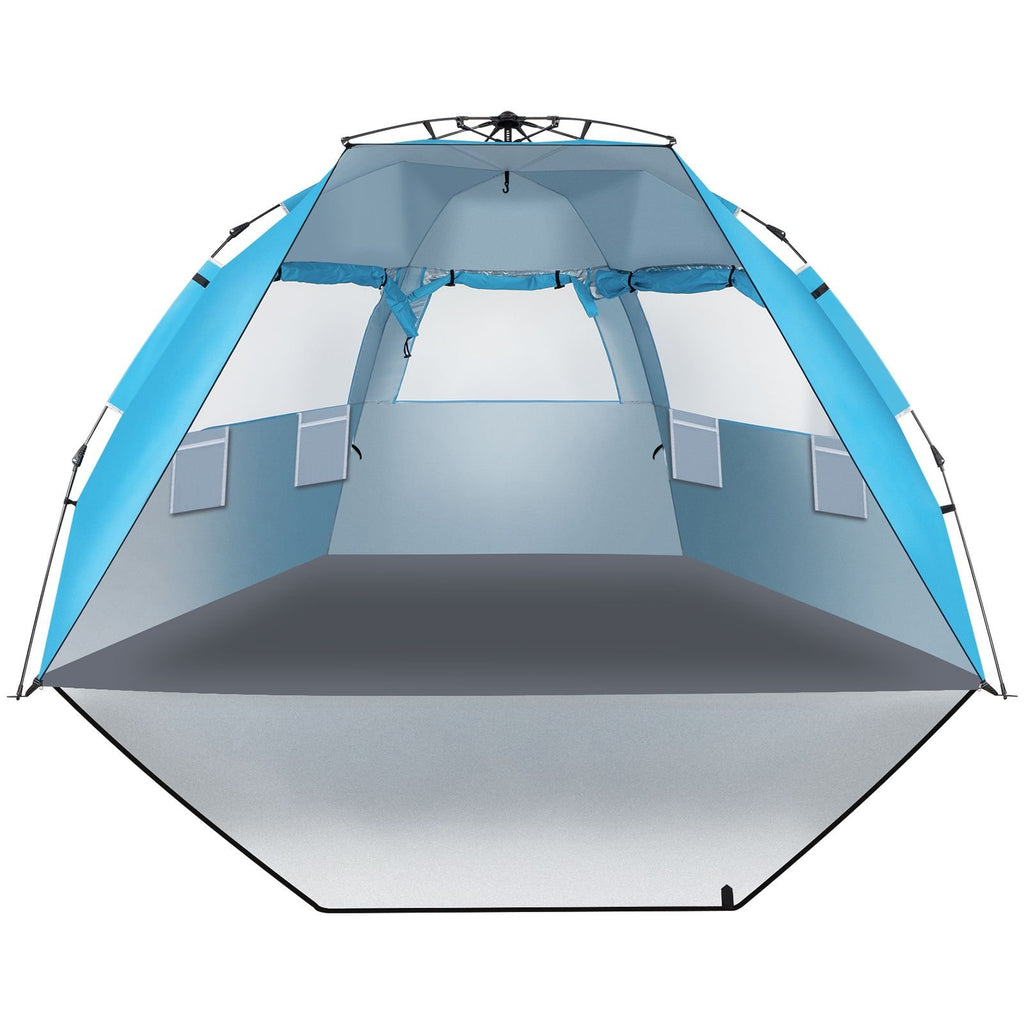 Quick-Open Blue Beach Tent – Fiberglass Pole & Oxford Cloth Free Ride Design