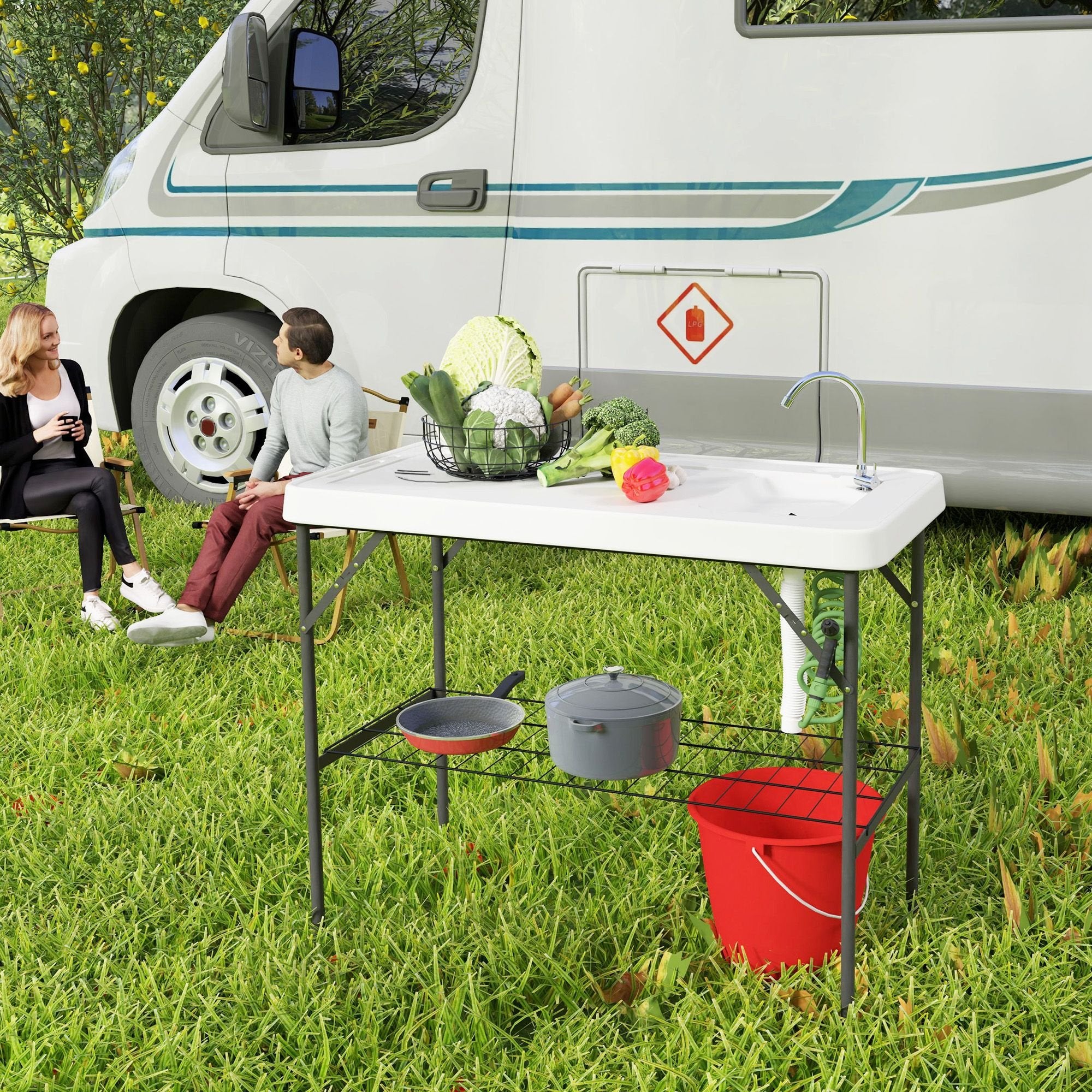 Folding Fish Cleaning Table with Sink û Portable Camping Table with Faucet & Shelf