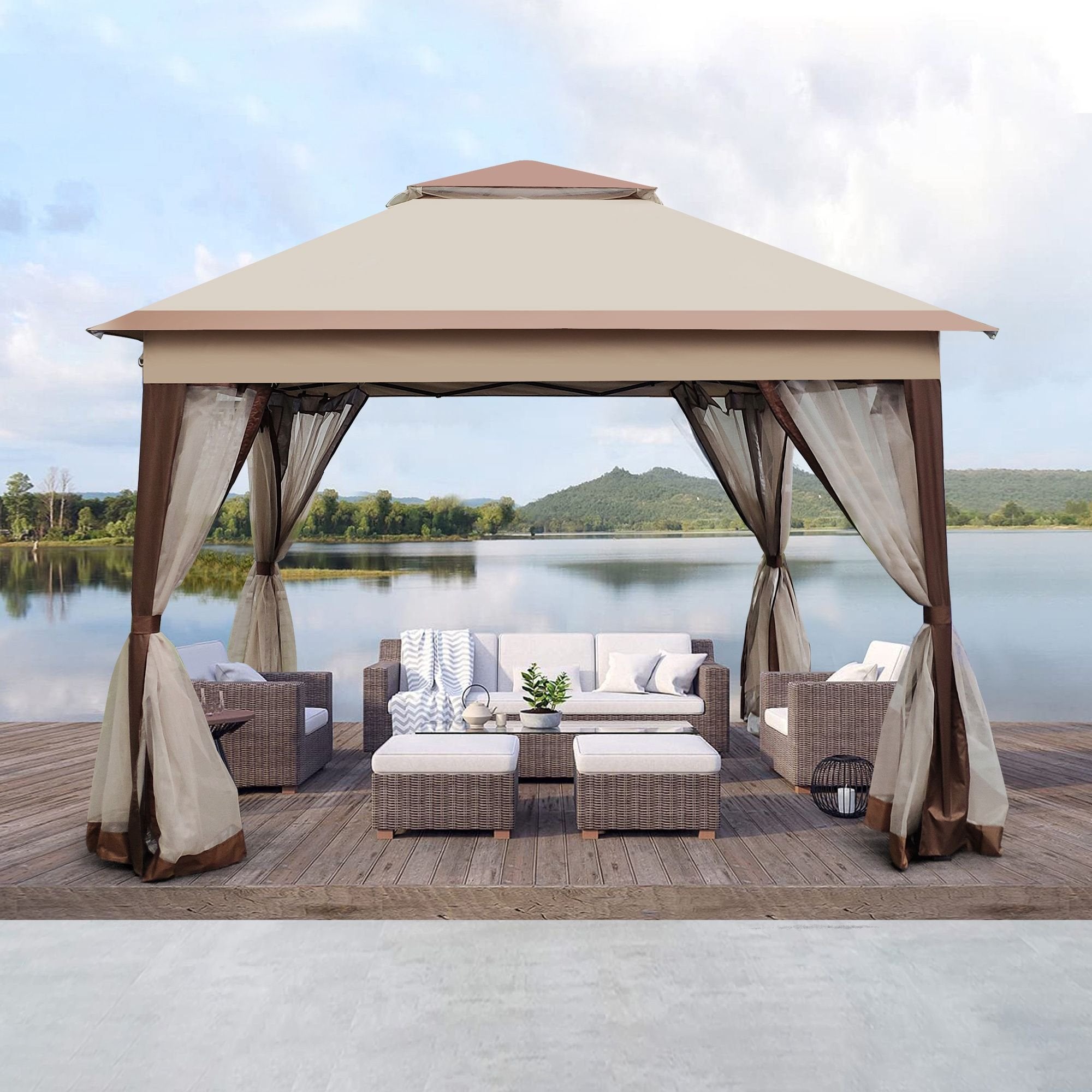 11' x 11' Pop-Up Gazebo Canopy û 2-Tier with Removable Netting (Coffee)