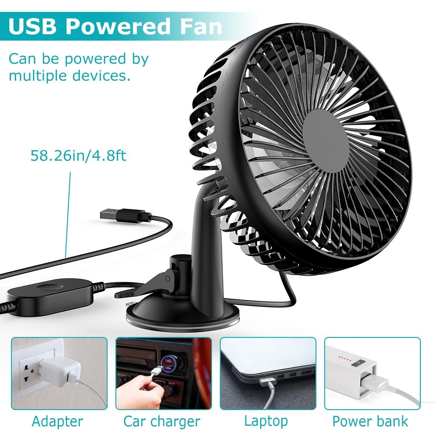 Portable Rotatable USB Car Cooling Fan – Clip & Suction Mount for SUV, RV, Pickup with 3 Speeds