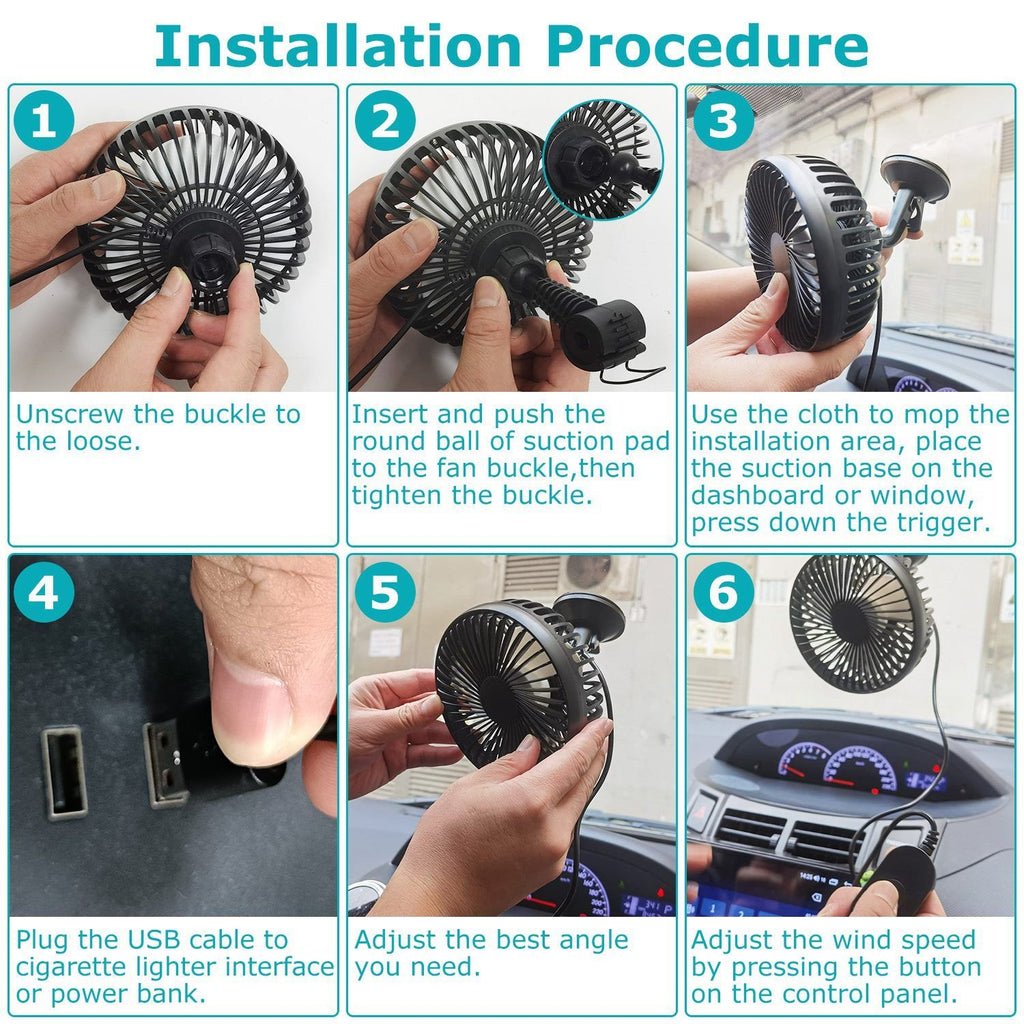 Portable Rotatable USB Car Cooling Fan – Clip & Suction Mount for SUV, RV, Pickup with 3 Speeds