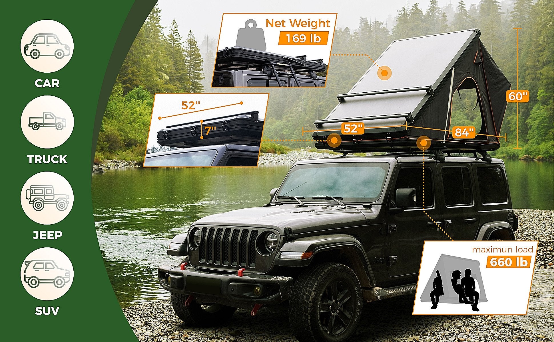 Trustmade Triangle Aluminum Black Hard Shell Grey Rooftop Tent