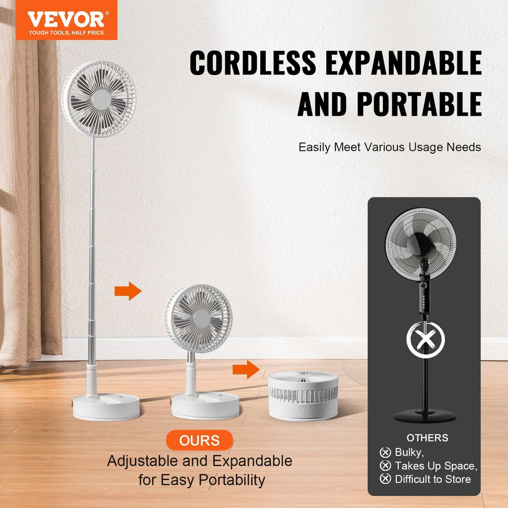 VEVOR 8" Foldable Oscillating Standing Fan – Remote Control, 4 Speeds, 7200mAh Rechargeable USB, Quiet Portable Fan for Bedroom & Travel