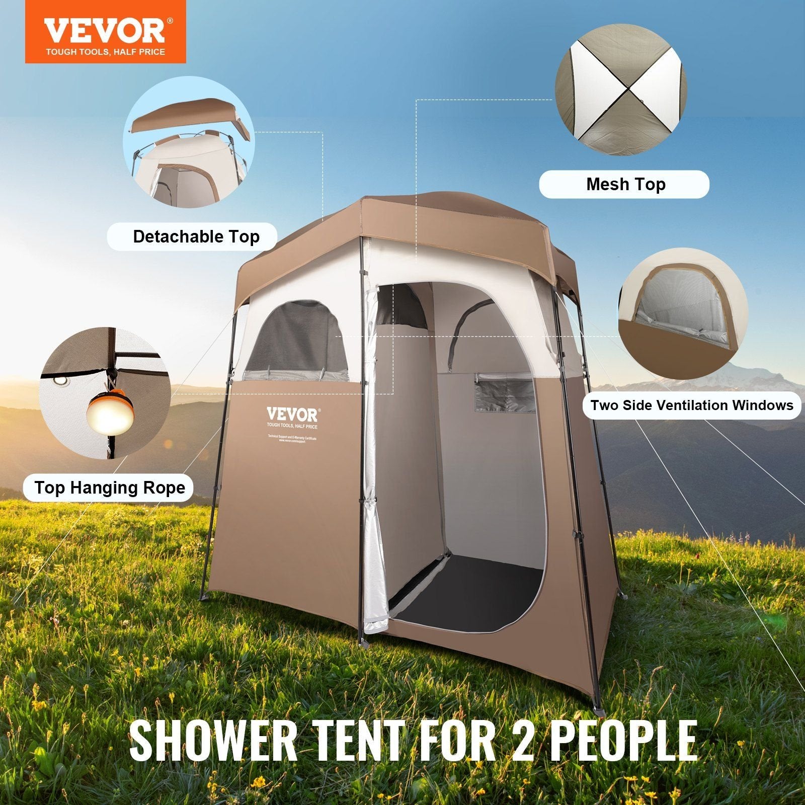 VEVOR 2-Room Camping Shower Tent, 83"x42"x83"