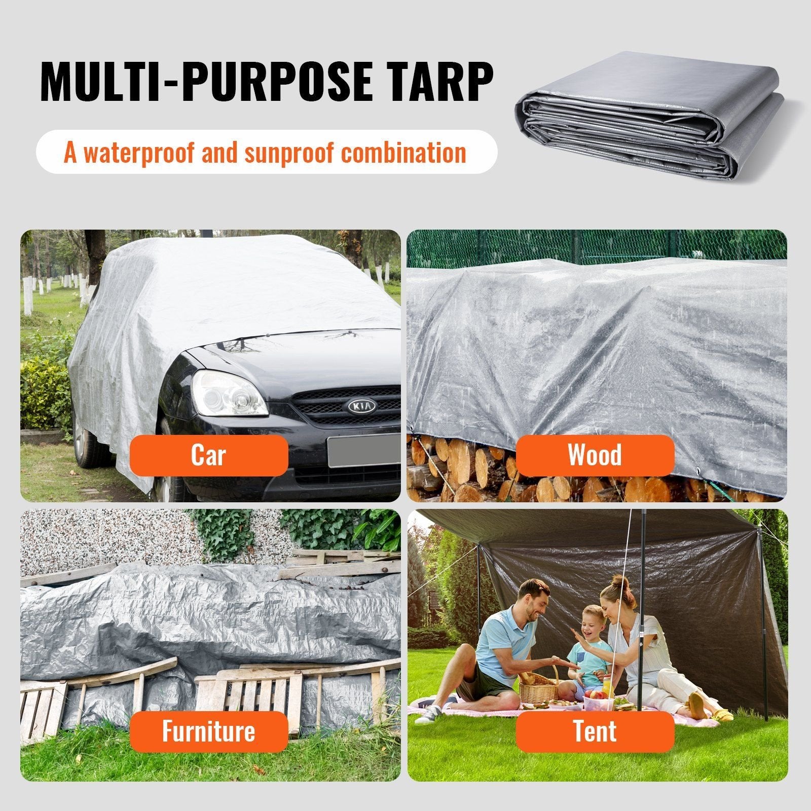 VEVOR 16x20ft Waterproof Tarp – 10 Mil Poly with Reinforced Grommets, Tear & UV Resistant