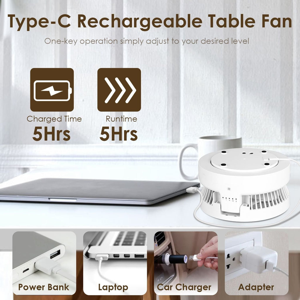 Quiet Foldable Table Fan – 90° Adjustable Tilt, 4-Speed USB Type-C Rechargeable Portable Fan with Wall Mount