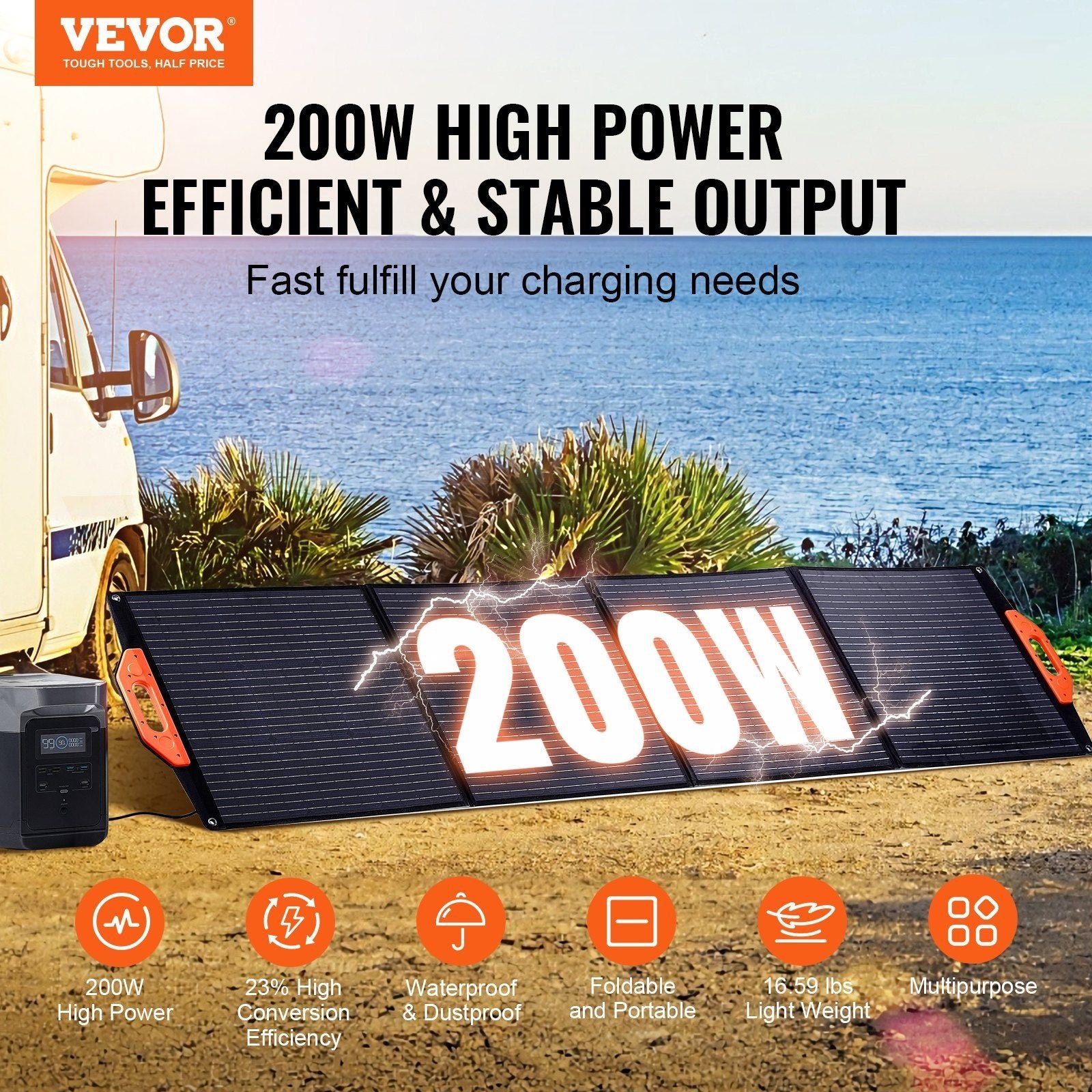 VEVOR 200W Portable Monocrystalline Solar Panel