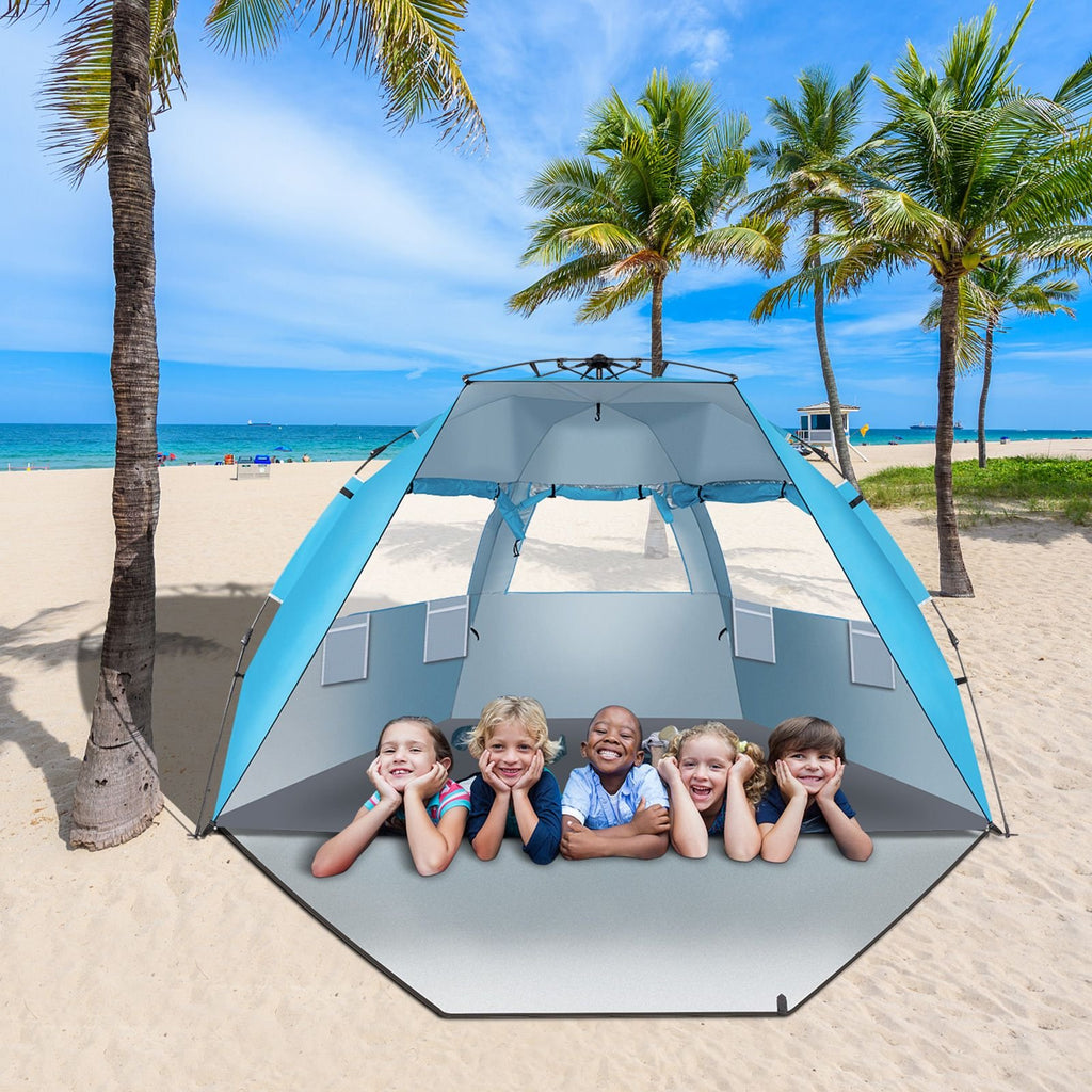 Quick-Open Blue Beach Tent – Fiberglass Pole & Oxford Cloth Free Ride Design