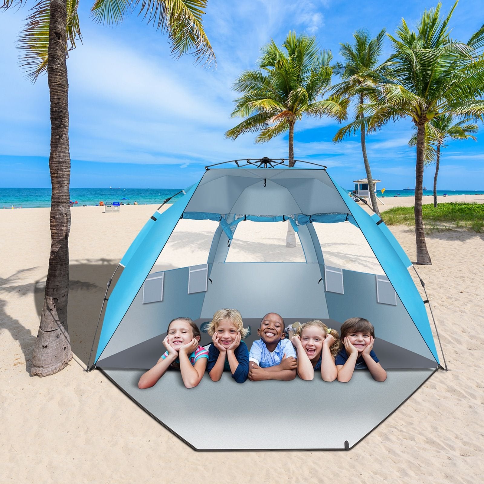 Quick-Open Blue Beach Tent – Fiberglass Pole & Oxford Cloth Free Ride Design