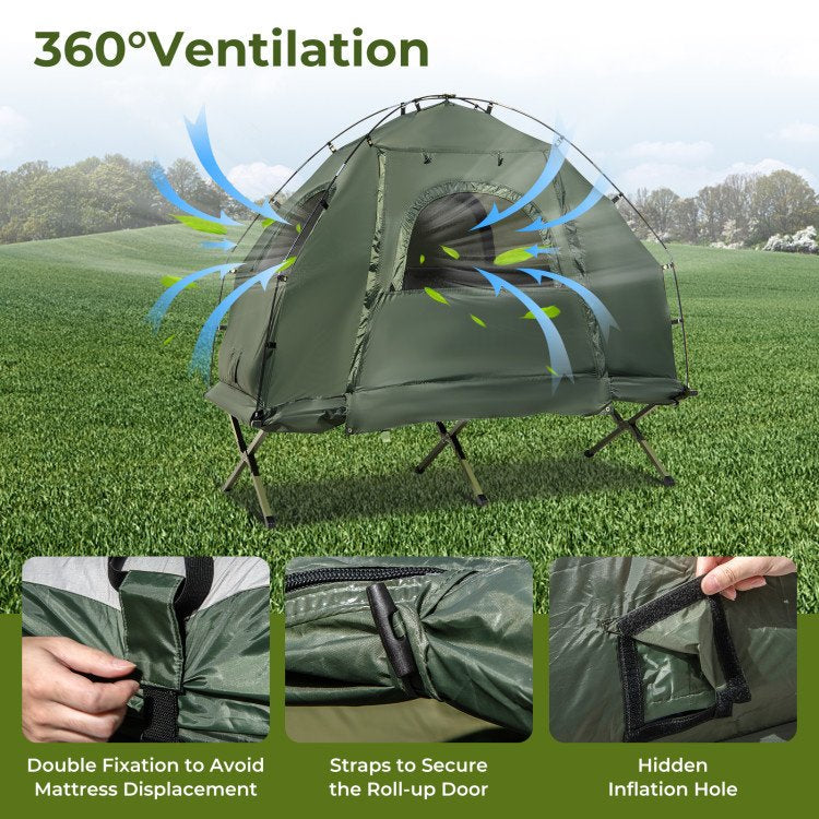 1-Person Folding Camping Tent with Sunshade & Air Mattress