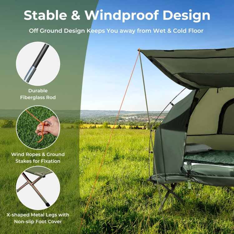 1-Person Folding Camping Tent with Sunshade & Air Mattress