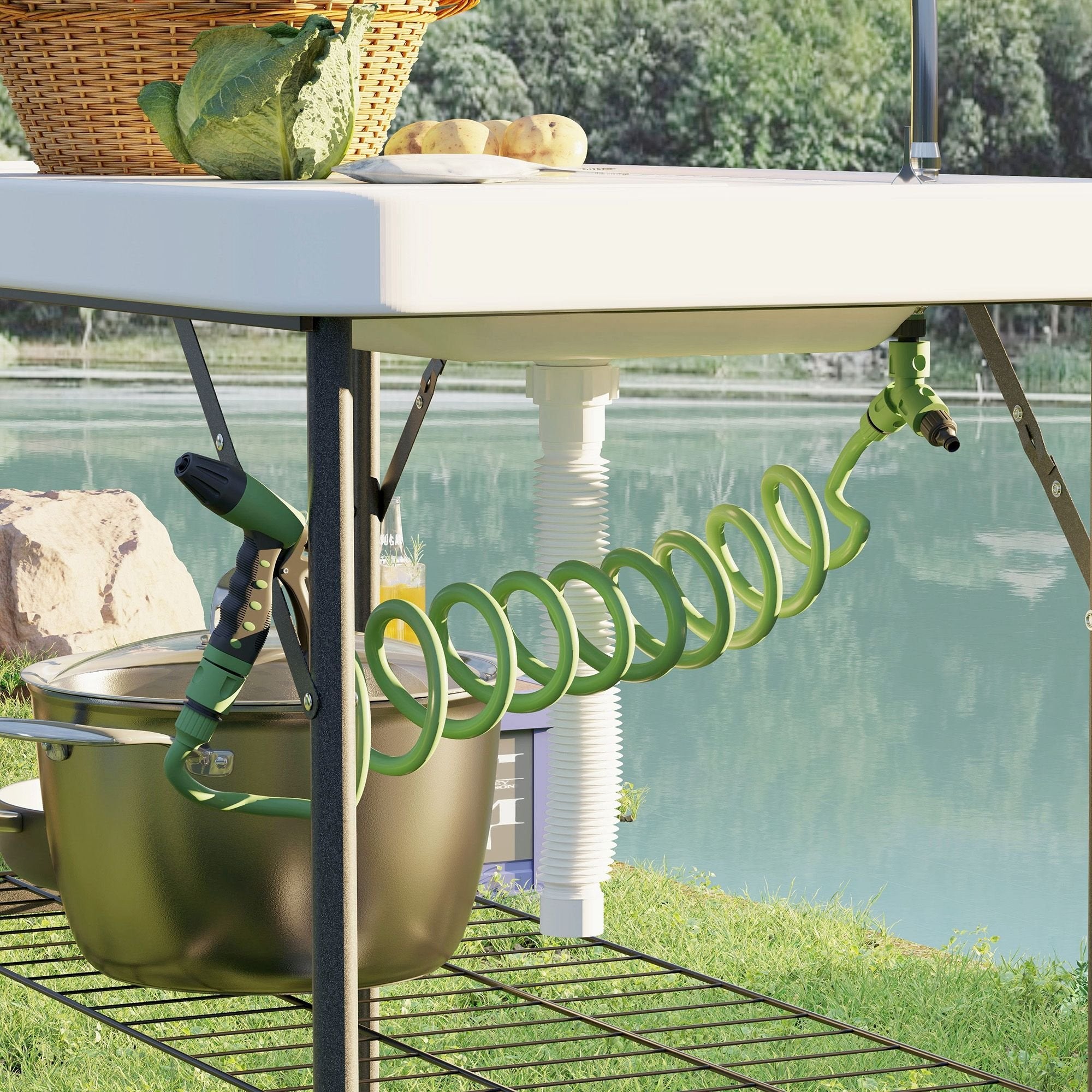 Folding Fish Cleaning Table with Sink û Portable Camping Table with Faucet & Shelf