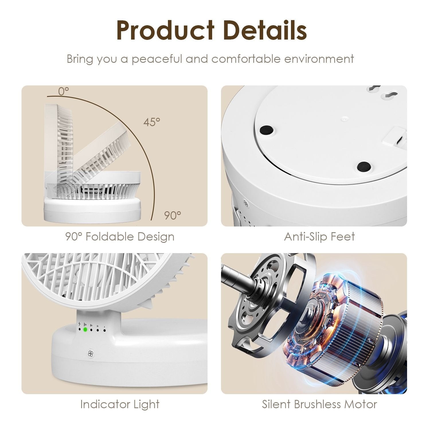 Quiet Foldable Table Fan – 90° Adjustable Tilt, 4-Speed USB Type-C Rechargeable Portable Fan with Wall Mount