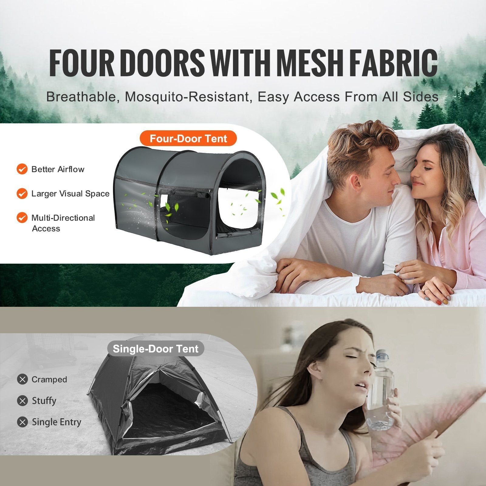 VEVOR 4-Door Bed Tent – Breathable Blackout Tent with 0.28" Fiber Poles