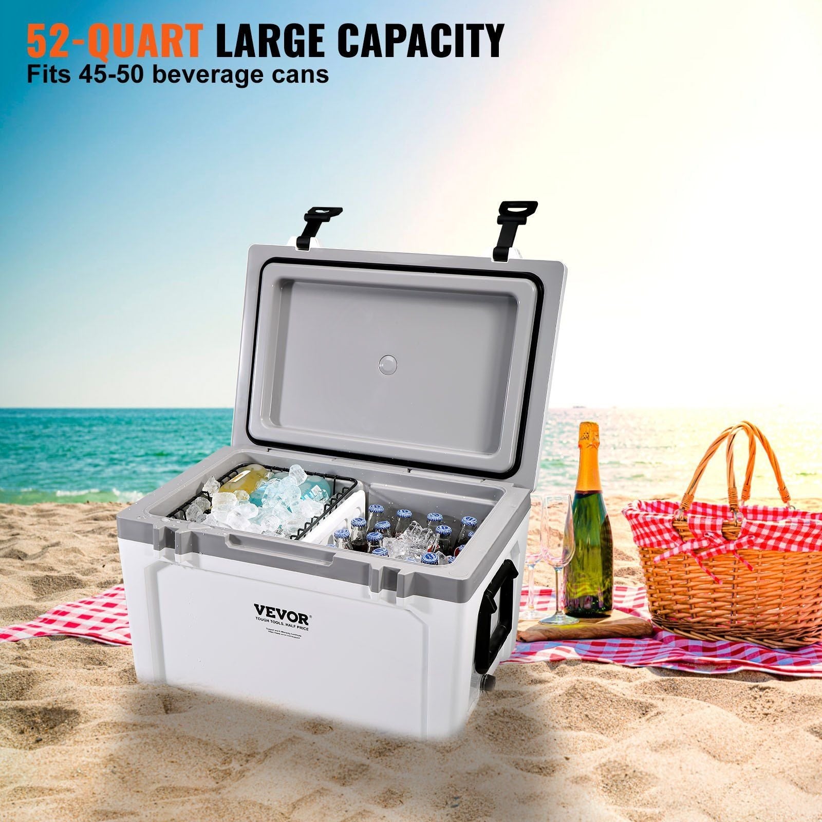 VEVOR 52qt Cooler – 50-Can Capacity, 6-Day Ice Retention