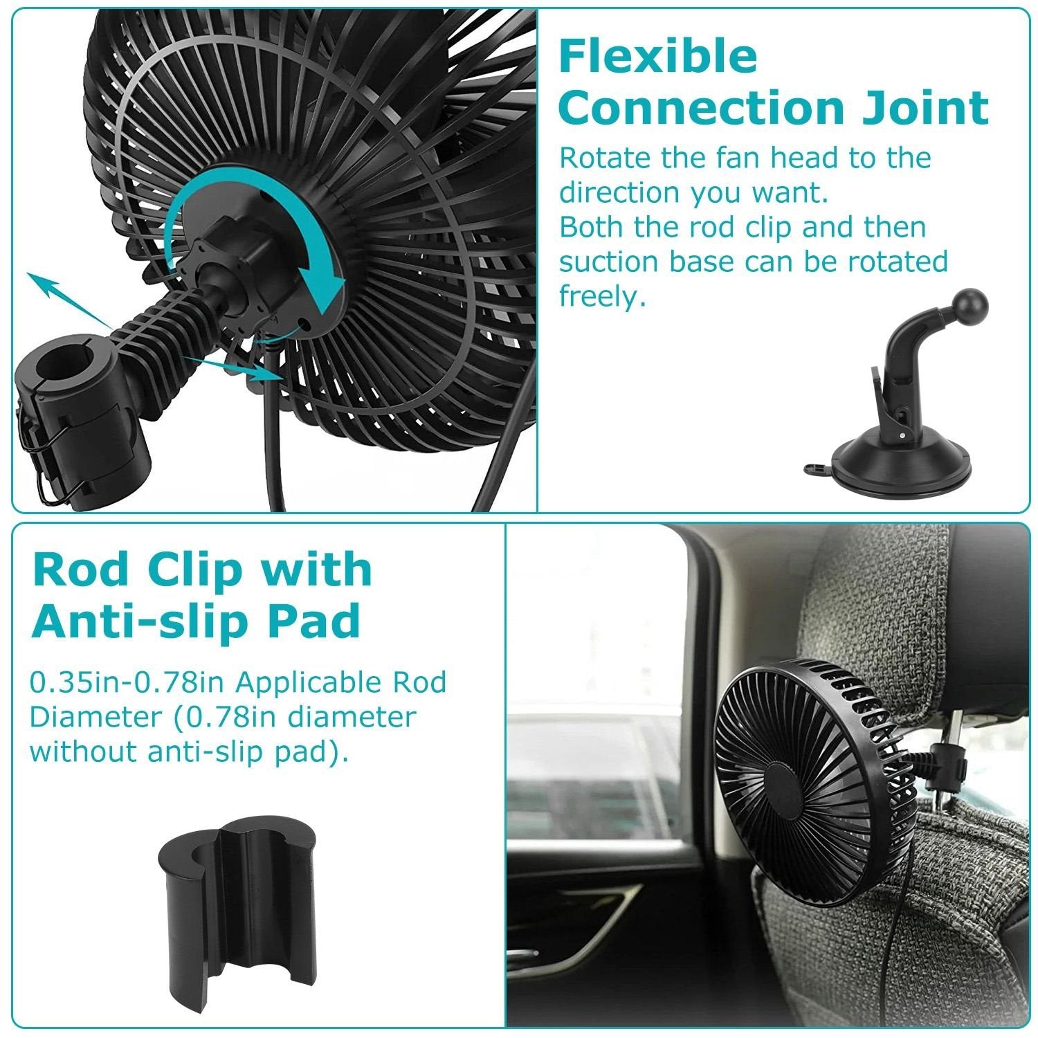 Portable Rotatable USB Car Cooling Fan – Clip & Suction Mount for SUV, RV, Pickup with 3 Speeds