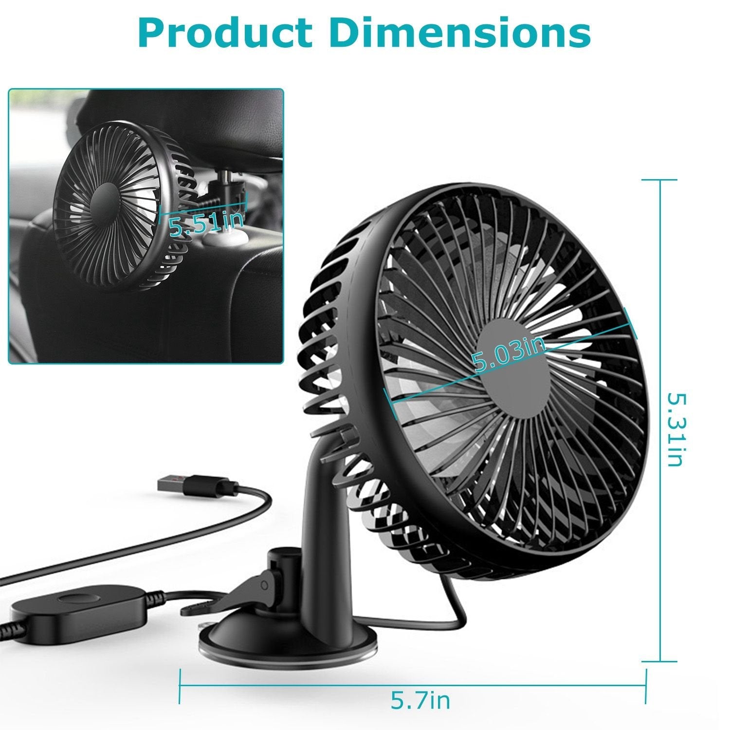 Portable Rotatable USB Car Cooling Fan – Clip & Suction Mount for SUV, RV, Pickup with 3 Speeds